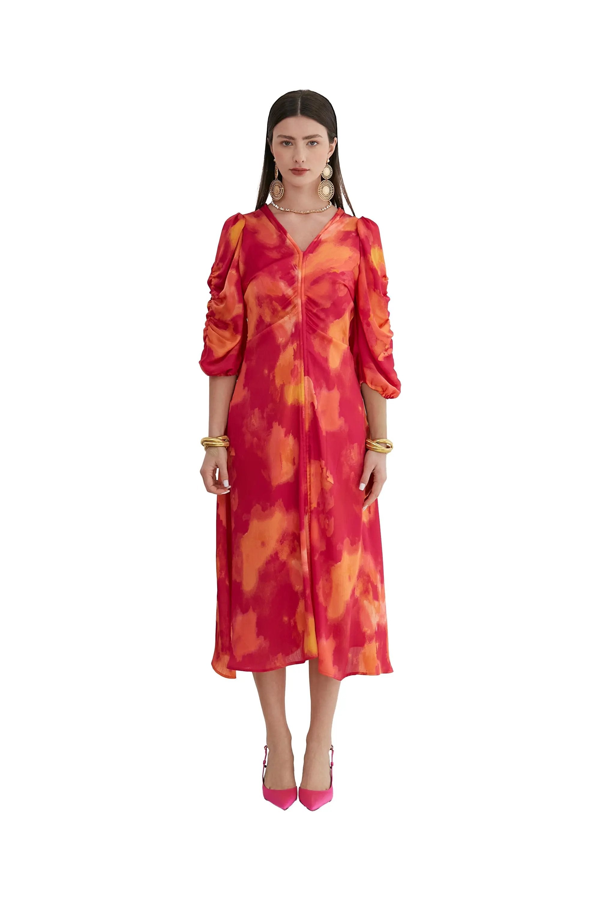 Women's Spring and Summer Sense of Design Dyed Dess with V-neck and waist ULA